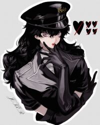 1boy amamiya_ren black_gloves black_hair black_jacket collared_shirt cropped_torso crossdressing elbow_gloves eyelashes gloves grey_background hair_between_eyes hand_up hat heart highres jacket long_hair looking_at_viewer male_focus official_alternate_costume parted_lips persona persona_5:_dancing_star_night persona_dancing police police_hat police_uniform purple_eyes red_lips saichuu_(more1208) shirt short_sleeves signature simple_background solo trap upper_body wavy_hair