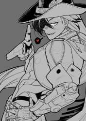 1boy abs absurdres arm_up boothill_(honkai:_star_rail) collared_jacket commentary cowboy_hat cowboy_shot cropped_jacket cyborg earrings feathers finger_gun grey_background greyscale hair_over_one_eye hand_on_own_hip hat heart highres honkai:_star_rail honkai_(series) jacket jewelry long_hair looking_at_viewer lower_teeth_only male_focus midriff mole mole_under_eye monochrome mrsw0911 multicolored_hair multiple_moles one_eye_covered pants piercing popped_collar sanpaku scarf sharp_teeth shell_casing sideburns smile solo speech_bubble spoken_heart spot_color teeth two-tone_hair very_long_hair zipper