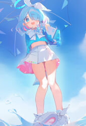 Rule 34 | 1girl, absurdres, arona (blue archive), blue archive, blue eyes, blue hair, blush, closed mouth, hair over one eye, highres, long hair, looking at viewer, midriff peek, open mouth, pleated skirt, shirt overhang, shoes, skirt, sky, sneakers, standing, teeth, teoskyrios, thigh gap, umbrella, upper teeth only