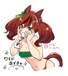 1girl animal_ears blush breasts brown_eyes cleavage closed_mouth collarbone commentary_request dated hair_between_eyes hair_ornament hands_on_own_cheeks hands_on_own_face highres horse_ears horse_girl horse_tail looking_at_viewer medium_breasts medium_hair navel nice_nature_(umamusume) red_hair short_twintails simple_background swimsuit tail tsuutenkaaku twintails umamusume white_background