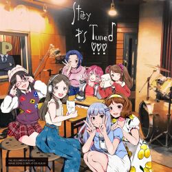2boys 6+girls beanie black_hair blue_eyes blue_hair blue_skirt brown_eyes brown_hair business_suit crossed_arms double_v dress drum drum_set english_text food_print formal_clothes fruit_print gakuen_idolmaster glasses grey_hair hair_ornament hairband hairclip hat highres idolmaster idolmaster_(classic) idolmaster_cinderella_girls idolmaster_million_live! idolmaster_shiny_colors idolmaster_side-m idolmaster_va-liv instrument kuramoto_china lemon_print long_hair long_skirt miniskirt mitsumine_yuika miura_azusa mizushima_saki monsiurbeat2 multicolored_hair multiple_boys multiple_girls nagatomi_hasumi open_mouth p-head_producer photo_background plaid_clothes plaid_skirt producer_(idolmaster) recording_studio red_hair shiraishi_tsumugi short_hair sitting skirt smile streaked_hair suit tomori_manaka twintails two-tone_hair v white_dress white_streaks