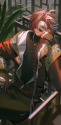 1boy absurdres black_hair braid braided_ponytail eyebrow_cut fate/grand_order fate_(series) green-tinted_eyewear hair_over_one_eye highres jacket jewelry light_(nightty45) long_hair long_sleeves looking_at_viewer looking_over_eyewear male_focus multicolored_hair necklace official_alternate_costume ponytail red_eyes red_hair round_eyewear solo streaked_hair takasugi_shinsaku_(coal_lava)_(fate) takasugi_shinsaku_(fate) tinted_eyewear turtleneck white_hair