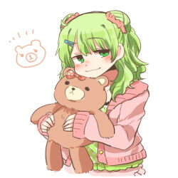 Rule 34 | 1girl, blush stickers, camisole, closed mouth, cropped torso, double bun, green camisole, green eyes, green hair, hair bun, hair ornament, hairclip, holding, holding stuffed toy, jacket, long sleeves, lowres, morinaka kazaki, morinaka kazaki (2nd costume), nijisanji, open clothes, open jacket, pink jacket, polka dot camisole, rebecca (keinelove), simple background, sleeves past wrists, smile, solo, stuffed animal, stuffed toy, teddy bear, upper body, virtual youtuber, white background