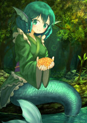 1girl absurdres breasts closed_mouth commentary commentary_request day drill_hair ekaapetto english_commentary fins forest frilled_kimono frills green_eyes green_hair green_kimono head_fins highres holding japanese_clothes kimono lens_flare log long_sleeves looking_at_viewer medium_breasts mermaid mixed-language_commentary monster_girl nature obi obijime outdoors purple_sash roe sash short_hair sitting_on_log smile solo touhou wakasagihime water wide_sleeves