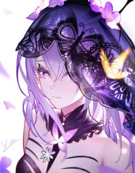 Rule 34 | 1girl, absurdres, bare shoulders, breasts, bug, butterfly, castorice (honkai: star rail), closed mouth, highres, honkai: star rail, honkai (series), insect, long hair, mihoyo, portrait, purple eyes, purple hair, signature, upper body, v-von, veil