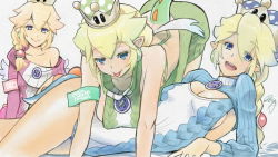 3girls :p all_fours aran_sweater armband backless_dress backless_outfit bare_back bare_shoulders blue_eyes blue_sweater braid breasts cable_knit character_name cleavage cleavage_cutout clothing_cutout collarbone commentary_request crown dress earrings egg_earrings green_sweater hair_between_eyes hair_ornament hair_over_shoulder hanabusa_(xztr3448) highres jewelry large_breasts light_blue_yoshi long_hair long_sleeves looking_at_viewer low-tied_long_hair low_wings lying mario_(series) meme_attire mini_wings multiple_girls multiple_persona naked_sweater new_super_mario_bros._u_deluxe nintendo off-shoulder off-shoulder_sweater off_shoulder on_side open_mouth personification pink_sweater pink_yoshi pointy_ears princess_peach ribbed_sweater shell_hair_ornament siblings sideboob single_braid sleeveless sleeveless_turtleneck smile super_crown sweater tail tongue tongue_out turtleneck turtleneck_sweater virgin_killer_sweater wings yoshi