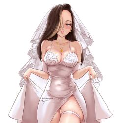 1girl artist_name blush breasts brown_eyes brown_hair cleavage collarbone commission covered_navel dress hair_over_one_eye holding jewelry looking_at_viewer marquixse medium_breasts necklace one_eye_covered parted_lips real_life signature simple_background skindentation smile solo wedding_dress white_background white_dress