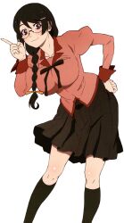 Rule 34 | 1girl, black hair, braid, braided ponytail, breasts, brown eyes, glasses, hair ribbon, hand on own hip, hanekawa tsubasa, highres, index finger raised, large breasts, leaning forward, legs, looking at viewer, monogatari (series), official art, ribbon, skirt, smile, solo, thighs