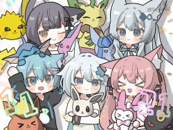 &gt;_&lt; 4girls :d ;) alternate_color animal_ear_fluff animal_ears arms_up black_hair black_hoodie black_ribbon blue_eyes blue_hair blunt_bangs blush blush_stickers bow brown_eyes cat_ears chibi closed_eyes closed_mouth crossover espeon fang flareon fox_ears gen_1_pokemon gen_2_pokemon gen_4_pokemon gen_6_pokemon glaceon grey_eyes grey_hair grey_hoodie hair_between_eyes hair_bow hair_ornament highres holding holding_pokemon hood hoodie jolteon karin_(vrchat) leafeon lime_(vrchat) long_hair long_sleeves looking_at_viewer milk_re_(vrchat) mint_(vrchat) multiple_girls neck_ribbon one_eye_closed open_mouth pachirisu pink_hair pokemon pokemon_(creature) ribbon rusk_(komado_booth) shiny_and_normal shiny_pokemon shirt short_hair smile sylveon tochisa_(tochisa513) twintails twitter_username umbreon vaporeon vrchat white_hair white_shirt xd