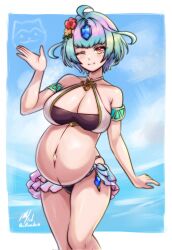 1girl ;) arm_up bikini black_bikini bob_cut border breasts cleavage fire_emblem fire_emblem_heroes halterneck highres looking_at_viewer multicolored_hair navel nintendo official_alternate_costume one_eye_closed pregnant rotomdocs seidr_(fire_emblem) seidr_(summer)_(fire_emblem) short_hair smile solo swimsuit waving white_bikini white_border yellow_eyes