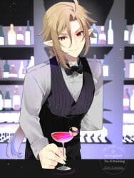 1boy alcohol bar_(place) bartender black_vest blonde_hair cocktail_glass collared_vest cup drinking_glass grey_shirt heterochromia highres hugo_vlad komesiwo_syumi liquor long_hair looking_at_viewer male_focus mole mole_under_eye pointy_ears shirt smile upper_body vest zenless_zone_zero