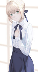 1girl ahoge artoria_pendragon_(fate) bad_id bad_pixiv_id blonde_hair blue_ribbon blue_skirt braid closed_mouth cowboy_shot dress_shirt fate/stay_night fate_(series) fov_ps green_eyes hair_between_eyes hair_ribbon looking_at_viewer neck_ribbon ribbon saber_(fate) shirt short_hair skirt solo standing white_shirt