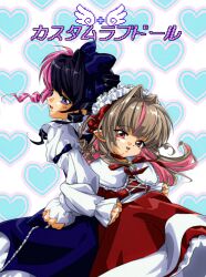 Rule 34 | 1990s (style), 2girls, alternate costume, back-to-back, black hair, blue dress, blue eyes, bow, brown hair, choker, colored inner hair, dress, faux retro artstyle, hair bow, hair intakes, highres, locked arms, long sleeves, looking at viewer, makaino ririmu, multicolored hair, multiple girls, nijisanji, pink eyes, pink hair, pointy ears, red choker, red dress, retro artstyle, sleeves past wrists, smile, split-color hair, streaked hair, suketako (gh0467), tachibana hinano, two-tone hair, two side up, virtual youtuber, vspo!, white headdress