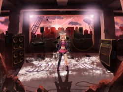 1girl amplifier asymmetrical_legwear bad_id bad_pixiv_id blonde_hair blue_eyes cable character_name cityscape copyright_name drum english_text female_focus hair_ornament hair_ribbon hairclip highres instrument jewelry kagamine_rin keyboard keyboard_(instrument) legs microphone midriff mismatched_legwear necklace ribbon ruins shiramori_yuse short_hair skirt solo speaker standing vocaloid yamaha