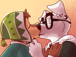 2boys animal_crossing animal_ears bodi_(rock_dog) brown_fur commentary dog_boy dog_ears dog_nose earrings eclipticafusion english_commentary facing_another floppy_ears furry furry_male glasses green_hat hat jewelry k.k._slider_(animal_crossing) kiss male_focus multiple_boys nintendo rock_dog white_fur yaoi
