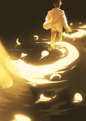 1boy artist_name brown_hair commentary_request crescent facing_away highres limited_palette male_focus original pants rido_(ridograph) ripples shirt short_hair solo tagme wading white_shirt yellow_pants yellow_theme