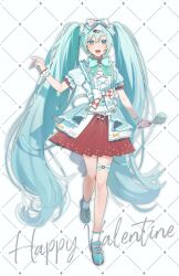 1girl :d absurdly_long_hair ankle_socks aqua_bow aqua_hair aqua_nails aqua_ribbon aqua_shoes arm_at_side blue_bow blue_hair blue_overskirt bow bowtie checkered_bow checkered_clothes colored_shoe_soles commentary drop_shadow english_commentary english_text eyes_visible_through_hair footwear_bow frilled_sleeves frilled_socks frilled_wrist_cuffs frills full_body green_bow green_bowtie hair_bow hair_ornament hair_scrunchie hand_up happy_valentine hatsune_miku heart heart_hair_ornament highres holding holding_whisk icing long_hair medium_skirt mei_hiiragi nail_polish open_mouth overskirt pleated_skirt puffy_short_sleeves puffy_sleeves red_bow red_skirt ribbon scrunchie shirt shoes short_sleeves simple_background skirt smile socks solo sparkle standing standing_on_one_leg striped_bow teeth tongue twintails two-tone_bow upper_teeth_only very_long_hair vocaloid whisk white_background white_bow white_scrunchie white_shirt white_socks white_wrist_cuffs wrist_cuffs