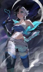 1girl black_hair black_jacket blue_eyes breasts choker crescent crescent_hair_ornament crop_top fingerless_gloves gloves hair_ornament heart heterochromia highres jacket looking_at_viewer luna_snow marvel marvel_rivals meltyrice midriff multicolored_hair navel short_hair shorts smile solo split-color_hair two-tone_hair white_hair