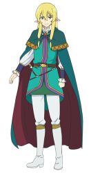 Rule 34 | 1boy, anime coloring, belt, blonde hair, boots, clenched hand, cloak, closed mouth, elf, full body, green cloak, green eyes, green jacket, hair between eyes, isekai maou to shoukan shoujo no dorei majutsu, jacket, kaneko shizue, keera l. greenwood, knee boots, long hair, long sidelocks, long sleeves, looking at viewer, low-tied sidelocks, official art, pants, pointy ears, shirt, sidelocks, simple background, smile, solo, standing, transparent background, white boots, white pants, white shirt
