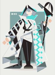 1girl abstract arknights belt black_belt black_pantyhose coat contrapposto cubism dress facing_viewer flat_color full_body grey_hair head_wings highres ho&#039;olheyak_(arknights) holding holding_staff long_sleeves minimalism nikov pantyhose pencil_dress short_hair snake_tail solo staff standing straight-on tail white_coat white_dress wings