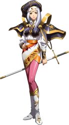 1girl armor black_headwear boots breastplate brown_eyes dress full_body hand_on_own_hip highres holding holding_sheath langrisser langrisser_iv long_sleeves looking_at_viewer official_art pantyhose pink_pantyhose selena_(langrisser) sheath sheathed shiny_clothes shiny_legwear shoulder_armor solo standing sword transparent_background weapon white_boots white_dress