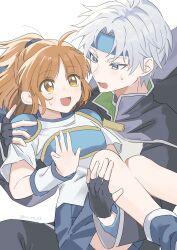 1boy 1girl ahoge arle_nadja armor artist_name black_cape black_gloves blue_eyes blue_headband blue_skirt breastplate brown_eyes brown_hair cape carrying commentary_request eyes_visible_through_hair fingerless_gloves gloves grey_hair hand_up headband highres long_sleeves looking_at_another medium_hair open_mouth parted_bangs pleated_skirt ponytail princess_carry puyopuyo schezo_wegey shihiro_(ro_ro_sh) shirt short_hair short_sleeves shoulder_armor simple_background skirt smile sweat twitter_username white_background white_shirt