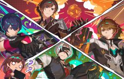 1girl 4boys ? ?? absurdres ahoge april_fools artem_wing_(tears_of_themis) betina_mascenon black_coat black_gloves black_pants black_shirt black_vest blue_eyes brown_coat brown_eyes brown_hair closed_mouth coat commentary company_connection cosplay crossover english_commentary eyepatch genshin_impact gloves highres honkai:_star_rail honkai_(series) honkai_impact_3rd jacket kevin_kaslana kevin_kaslana_(cosplay) long_hair long_sleeves looking_at_viewer luke_pearce_(tears_of_themis) marius_von_hagen_(tears_of_themis) mihoyo multiple_boys o_o open_mouth pants purple_eyes purple_hair red_jacket rosa_(tears_of_themis) shirt short_hair surprised tears_of_themis vest von_lycaon von_lycaon_(cosplay) vyn_richter_(tears_of_themis) white_hair white_shirt yellow_eyes zenless_zone_zero zhongli_(genshin_impact) zhongli_(genshin_impact)_(cosplay)