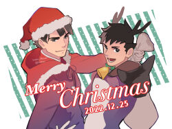 2boys ace_attorney animal_costume antlers bell black_eyes black_hair boba_msize christmas closed_mouth commentary dated english_commentary english_text fur-trimmed_hood fur_trim hand_on_own_hip hat holding holding_sack hood hood_down hoodie horns kazuma_asogi long_sleeves looking_to_the_side lower_teeth_only male_focus multiple_boys neck_bell open_mouth outstretched_arm red_hoodie reindeer_antlers reindeer_costume ryunosuke_naruhodo sack santa_hat short_hair sideburns sideways_glance smile teeth the_great_ace_attorney twitter_username white_fur
