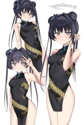 1girl absurdres arm_up bare_shoulders black_dress black_hair blue_archive breasts butterfly_hair_ornament china_dress chinese_clothes commentary covered_navel double_bun dress english_commentary grey_eyes groin hair_bun hair_intakes hair_ornament halo hand_in_own_hair hand_up highres kisaki_(blue_archive) long_hair multiple_views pelvic_curtain simple_background sleeveless sleeveless_dress small_breasts twintails v very_long_hair white_background yume_tsugoi
