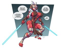 1girl absurdres alien blue_skin breasts colored_skin dual_wielding energy_sword english_text fontez highres holding holding_sword holding_weapon huge_breasts jedi lightsaber narrow_waist pelvic_curtain red_lightsaber shaak_ti signature solo speech_bubble star_wars sword togruta weapon white_lips