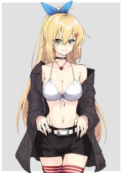 1girl belt belt_buckle bikini bikini_under_clothes black_choker black_jacket black_shorts blonde_hair blue_ribbon breasts buckle choker cleavage closed_mouth collarbone commentary_request front-tie_bikini_top front-tie_top green_eyes grey_background hair_between_eyes hair_ornament hair_ribbon hairclip heart heart_necklace highres jacket jewelry long_hair medium_breasts navel necklace off_shoulder open_clothes open_jacket ponytail ribbon short_shorts shorts smile solo striped_clothes striped_thighhighs swimsuit thighhighs thumb_in_beltline tsurumaki_maki two-tone_background very_long_hair voiceroid white_background white_belt white_bikini zooanime