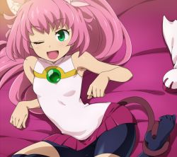 Rule 34 | 10s, 1girl, ;d, animal ears, arm support, armpits, bare arms, bare shoulders, bed sheet, bike shorts, black thighhighs, blush, boots, cat ears, cat girl, cat tail, feet, female focus, green eyes, gundam, gundam build divers, hairu, long hair, lying, miniskirt, momo (gundam build divers), one eye closed, open mouth, over-kneehighs, paw shoes, pink hair, pleated skirt, ponytail, red skirt, shirt, shorts, shorts under skirt, skirt, sleeveless, sleeveless shirt, smile, solo, tail, tail wrap, thighhighs, toes, unworn boots, wink, yashiro momoka