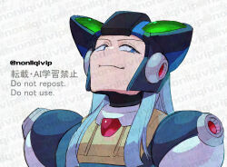 Rule 34 | 1boy, armor, black armor, black helmet, blue eyes, blue hair, dynamo (mega man), head back, helmet, male focus, medium hair, mega man (series), mega man x (series), meme request, solo, upper body, watermark, yamanashi taiki