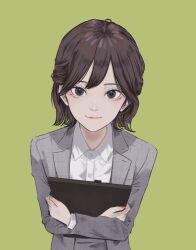 Rule 34 | 1girl, absurdres, araki saori, black eyes, blazer, business suit, collared shirt, commentary, dhbwinner, dress shirt, english commentary, formal clothes, green background, grey jacket, grey pants, highres, holding board, jacket, lapels, long sleeves, looking at viewer, medium hair, notched lapels, office lady, pants, real life, shirt, simple background, solo, suit, suit jacket, white shirt