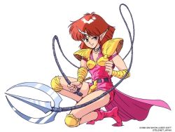 1990s_(style) 1girl cham fang female_focus game horns looking_at_viewer nec official_art pc_engine retro_artstyle simple_background single_horn solo telenet_japan valis valis_iii weapon whip white_background
