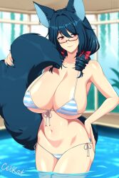 Rule 34 | 1girl, animal ears, bikini, blue hair, blue nails, blurry, blurry background, blush, bow, breasts, drill hair, fox ears, fox girl, fox tail, hair bow, hair ornament, highres, large breasts, lindaroze, looking at viewer, micro bikini, nail polish, navel, original, outdoors, red-framed eyewear, red bow, red eyes, semi-rimless eyewear, side-tie bikini bottom, smile, solo, striped bikini, striped clothes, swimsuit, tail, twin drills, wading