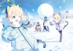 Rule 34 | 4girls, animal ear headphones, animal ears, aris (blue archive), aris (winter) (blue archive), black boots, black hair, black pantyhose, blonde hair, blue archive, blue eyes, blue jacket, blue mittens, blue scarf, blush, boots, braid, braided ponytail, cat ear headphones, cat tail, fake animal ears, fake tail, forehead, green eyes, hairband, headphones, highres, jacket, long bangs, midori (blue archive), midori (winter) (blue archive), mittens, momoi (blue archive), momoi (winter) (blue archive), multiple girls, non-web source, official alternate costume, official alternate hairstyle, official art, one eye closed, open mouth, pantyhose, pink mittens, plaid clothes, plaid scarf, red eyes, red hair, scarf, skirt, snow, snowball, snowball fight, squatting, standing, standing on one leg, tail, white hairband, white jacket, white skirt, yuzu (blue archive), yuzu (winter) (blue archive)