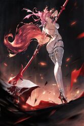 absurdres armlet ass back backless_bodysuit bodysuit boots breasts commentary from_behind full_body headgear high_heel_boots high_heels highres holding holding_polearm holding_weapon horns jewelry large_breasts long_hair looking_at_viewer looking_back lupa_(wuthering_waves) mechanical_horns pink_hair polearm standing symbol-only_commentary tail thigh_boots weapon white_bodysuit white_boots wolf_tail wrist_guards wuthering_waves yellow_eyes yu_pian