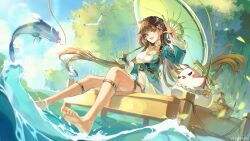 1girl :d azuria03 barefoot basket black_gloves breasts brown_eyes brown_hair chinese_clothes fingerless_gloves fish fishing_rod full_body gloves highres holding holding_fishing_rod holding_umbrella honkai_(series) honkai_impact_3rd jingwei_(bird) li_sushang li_sushang_(peregrine_sword) long_hair long_sleeves medium_breasts no_shoes open_mouth outdoors single_glove smile soles solo toes tree umbrella very_long_hair wading