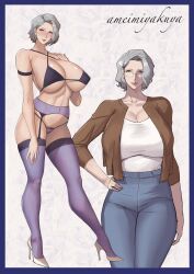 Rule 34 | 1girl, bikini, blue pants, blush, bra, breasts, brown jacket, cleavage, collarbone, denim, earrings, garter belt, glasses, grey hair, hand on own hip, high-waist pants, high heels, highres, huge breasts, jacket, jeans, jewelry, looking at viewer, lulu95402099, mature female, open clothes, original, panties, pants, shirt, short hair, smile, standing, swimsuit, thighhighs, underwear, white footwear, white shirt