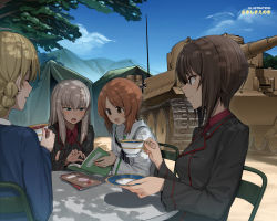 Rule 34 | 10s, 4girls, black jacket, blonde hair, book, braid, brown eyes, brown hair, cup, darjeeling (girls und panzer), girls und panzer, highres, itsumi erika, jacket, kuromorimine military uniform, long hair, military, military vehicle, motor vehicle, multiple girls, nishizumi maho, nishizumi miho, ooarai school uniform, red shirt, school uniform, shirt, short hair, silver hair, tank, teacup, tent, tiger i, twin braids