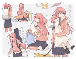2girls animal blue_eyes blush bocchi_the_rock! brown_shoes carrying carrying_person commentary commentary_request cube_hair_ornament dog dress flying_sweatdrops gotoh_futari gotoh_hitori grey_skirt hair_ornament highres instrument_case jacket jimihen leash long_hair mikan-uji multiple_girls no_shoes one_side_up pants pants_under_skirt piggyback pink_hair pink_jacket pink_pants pleated_skirt shiba_inu shoes short_hair siblings sisters skirt socks track_pants translation_request white_dress white_socks