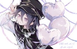 Rule 34 | 1boy, 2025, balloon, bishounen, black cape, blush, buttons, cape, checkered clothes, checkered scarf, danganronpa (series), danganronpa v3: killing harmony, dated, flipped hair, hair between eyes, haizai (cide erised), happy birthday, hashtag-only commentary, hat, heart balloon, highres, letterboxed, long sleeves, looking at viewer, male focus, medium hair, oma kokichi, peaked cap, purple eyes, purple hair, scarf, smile, solo, twitter username, two-tone scarf, upper body, white background