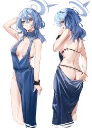 1girl absurdres ako_(blue_archive) ako_(dress)_(blue_archive) ass back backless_dress backless_outfit black_hairband blue_archive blue_dress blue_eyes blue_hair blue_halo blush breasts butt_crack commentary cuffs dress english_commentary flying_sweatdrops hair_between_eyes hairband halo handcuffs highres jaihu kneepits large_breasts long_hair multiple_views official_alternate_costume open_mouth sideboob simple_background sleeveless sleeveless_dress white_background