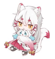 1girl animal animal_ears bell black_bodysuit bocha_2_2 bodysuit chibi commission fang feet fox_ears fox_girl fox_tail freckles frills fur_collar gohei hair_between_eyes hair_ornament hair_ribbon highres holding holding_animal indie_virtual_youtuber japanese_clothes kagari_kitsune long_hair long_sleeves messy_hair nontraditional_miko red_ribbon ribbon sidelocks skeb_commission skirt sleeves_past_wrists slit_pupils tail white_hair yellow_eyes