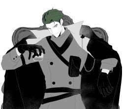 Rule 34 | 1boy, absurdres, bags under eyes, buttons, chain, chair, character name, closed mouth, coat, coat on shoulders, commentary request, cup, double-breasted, gloves, green eyes, green hair, greyscale, hair behind ear, hair slicked back, high contrast, highres, holding, holding cup, jacket, long sleeves, looking at viewer, male focus, monochrome, on chair, peashooter (plants vs. zombies), personification, plants vs. zombies, puffy long sleeves, puffy sleeves, short hair, siiiiiiiiiii, simile, simple background, solo, spot color, turtleneck, turtleneck jacket, upper body, very short hair, white background