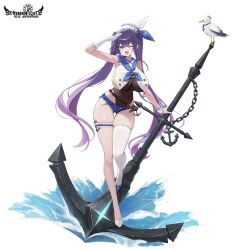 1girl anchor anchor_hat_ornament belt bird biya_(1024) black_belt blue_eyes blue_ribbon blue_sailor_collar blue_shoes blue_shorts breast_curtains breasts chain character_request covered_navel fang gloves hat hat_ornament highres holding holding_anchor large_breasts leotard long_hair micro_shorts one_eye_closed purple_hair ribbon sailor_collar salute seagull seven_knights shoes shorts single_glove single_thighhigh single_wrist_cuff skin_fang solo thigh_strap thighhighs twintails white_gloves white_hat white_ribbon white_shoes white_thighhighs white_wrist_cuffs wrist_cuffs