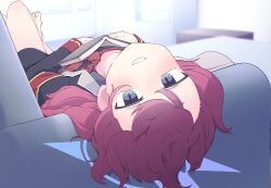 1girl barefoot black_jacket blue_archive book couch grey_eyes halo highres iroha_(blue_archive) jacket long_hair long_sleeves miyamegane necktie red_hair red_necktie smile