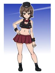 1girl adapted_costume armpit_crease bikini black_hat black_jacket black_shoes black_socks black_tank_top black_wrist_cuffs blue_background blush breasts brown_eyes brown_hair cleavage closed_mouth collar detached_collar garrison_cap girls_und_panzer gradient_background groin hand_on_own_hip hat jacket kuromorimine_military_uniform large_breasts miniskirt navel nishizumi_maho pleated_skirt red_bikini red_collar red_skirt shoes short_hair skirt smile socks swimsuit takahashi_kurage tank_top wrist_cuffs
