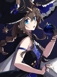 Rule 34 | 1girl, absurdres, ambience synesthesia, amiya (arknights), amiya (medic) (arknights), amiya (medic) (solo around the world) (arknights), animal ears, arknights, armlet, bare shoulders, black cape, black dress, black gloves, black hat, blue apple, blue eyes, brown hair, cape, commentary request, dress, ears through headwear, food, frilled dress, frilled hat, frills, fruit, gloves, hair between eyes, hat, highres, holding, holding food, holding fruit, jewelry, long hair, looking at viewer, multiple rings, official alternate costume, open mouth, ring, single glove, solo, two-sided cape, two-sided fabric, upper body, white cape, witch hat, xia bao (wulalala)